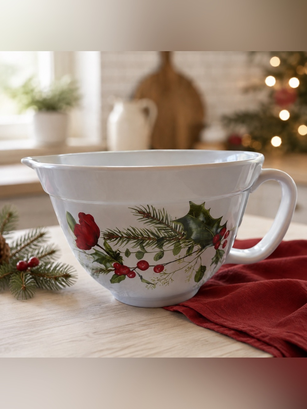 Stonewall Kitchen Christmas Holly Ceramic Measuring Cup Batter Bowl